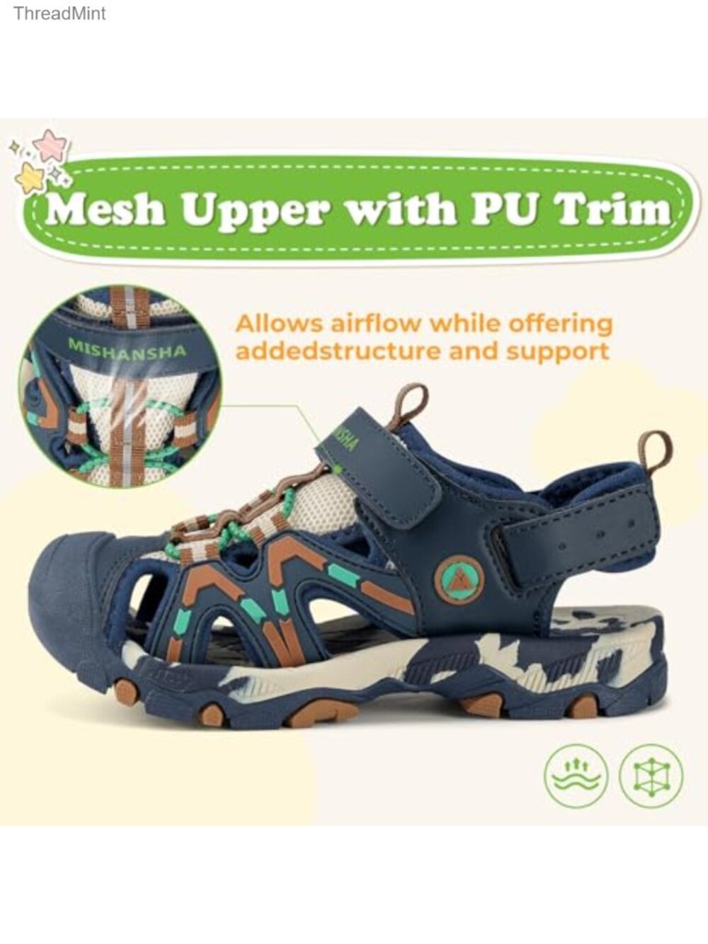 Kids Closed Toe Athletic Sport Sandals | Hook & Loop Adjustable | Quick-Dry PU - Picture 3 of 6